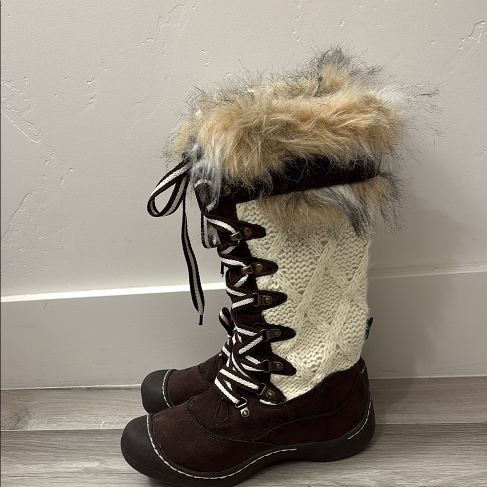 Brown and Cream Winter Rain Boots with Fur Trim